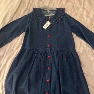 Bonton Denim Dress with Red Button Detail - Size 8